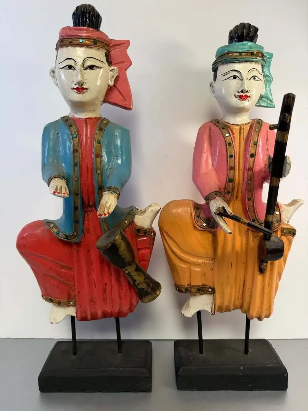 Set of Two Vintage Carved Wood Thai Musicians Sculptures on Stand
